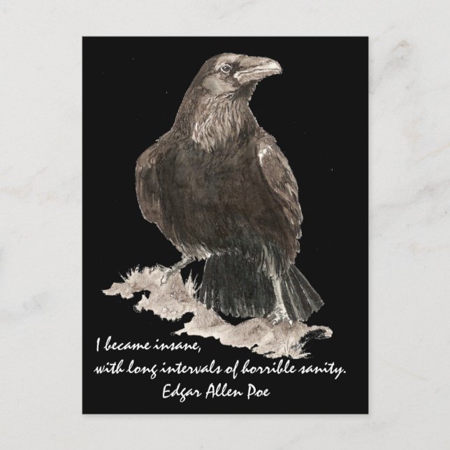 Postal Edgar Allen Poe Insanity Cita Watercolor Raven (Anverso)