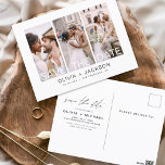 Postal Edición Guardar la foto de fecha 3 con letra blanc<br><div class="desc">Foto moderna y elegante Guardar la tarjeta de Boda de fecha. La tarjeta de invitación para guardar la fecha incluye tipografía y moda blancas y un diseño sencillo en un fondo blanco al que se puede añadir la imagen personalizada de la fotografía de compromiso.</div>