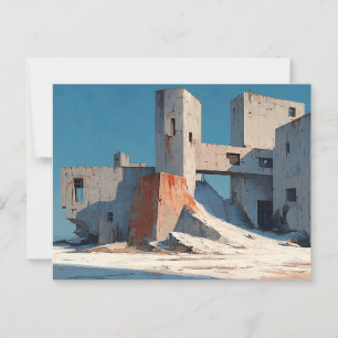 Postal Edificio Brutalista en ruinas, paisaje desolado