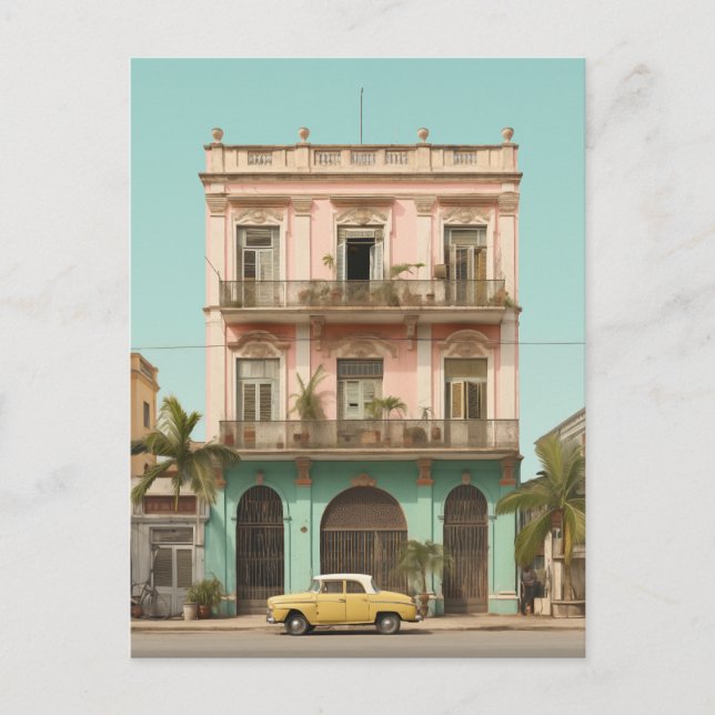 Postal Edificio colonial auto amarillo La Habana Cuba (Anverso)