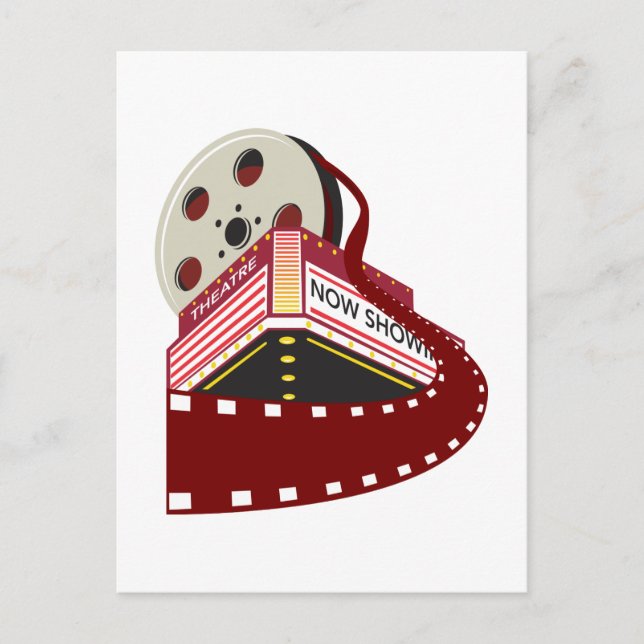 Postal edificio de cine de teatro con rollo de película (Anverso)