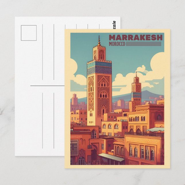 Postal edificio de la ciudad antigua de Marrakesh con mez (Anverso / Reverso)