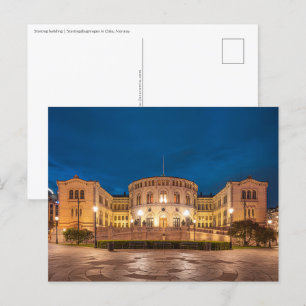 Postal Edificio Storting de Noruega en Oslo de noche