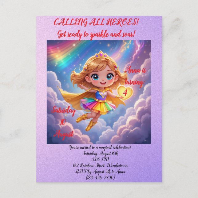 Postal Editable Birthday Invitation – Superheroine Theme (Anverso)