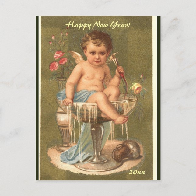 Postal Editable Cherub Champagne Feliz Año Nuevo (Anverso)