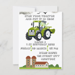 Postal Editable Cumpleaños de Tractor Animado 1er