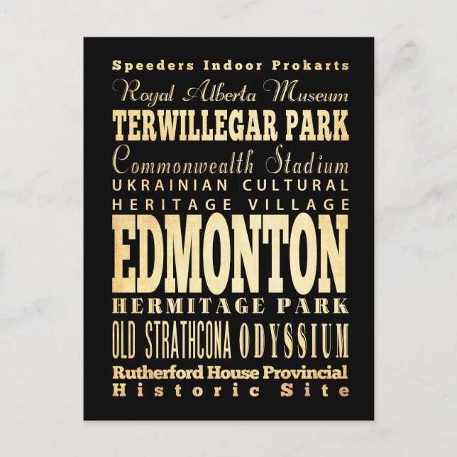 Postal Edmonton Ciudad de Canadá Arte de tipografía (Anverso)