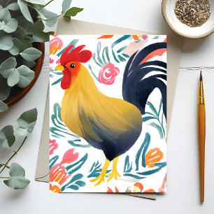 Postal Edna the Rooster   Pollo acuarela Floral