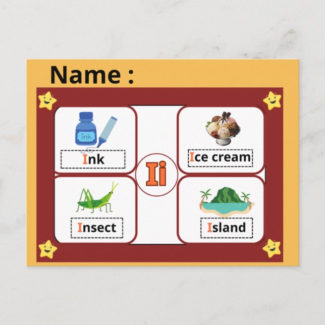 Postal Educational Alphabet Letter I Flashcard for Kids  (Anverso)