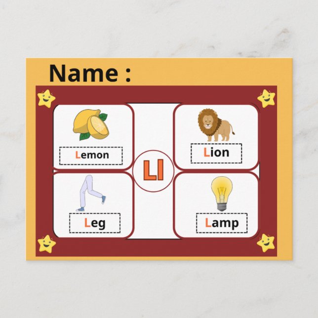 Postal Educational Alphabet Letter L Flashcard for Kids  (Anverso)