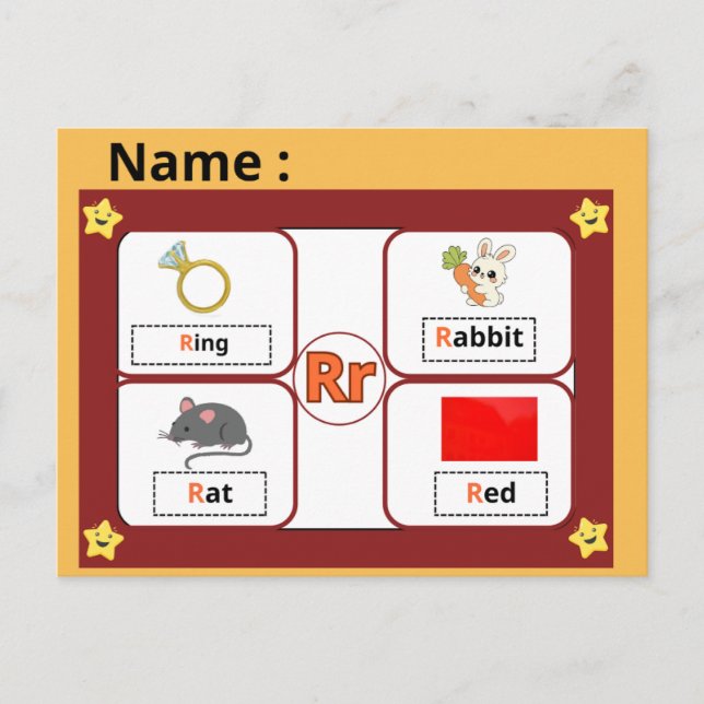 Postal Educational Alphabet Letter R Flashcard for Kids  (Anverso)