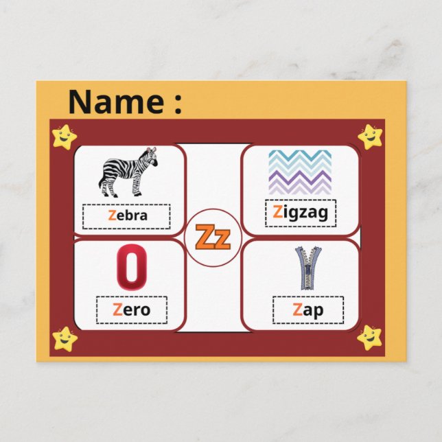 Postal Educational Alphabet Letter Z Flashcard for Kids  (Anverso)
