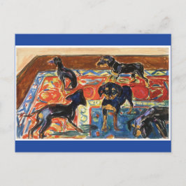 Postal Edvard Munch, 5 cachorros sobre pintura de alfombr
