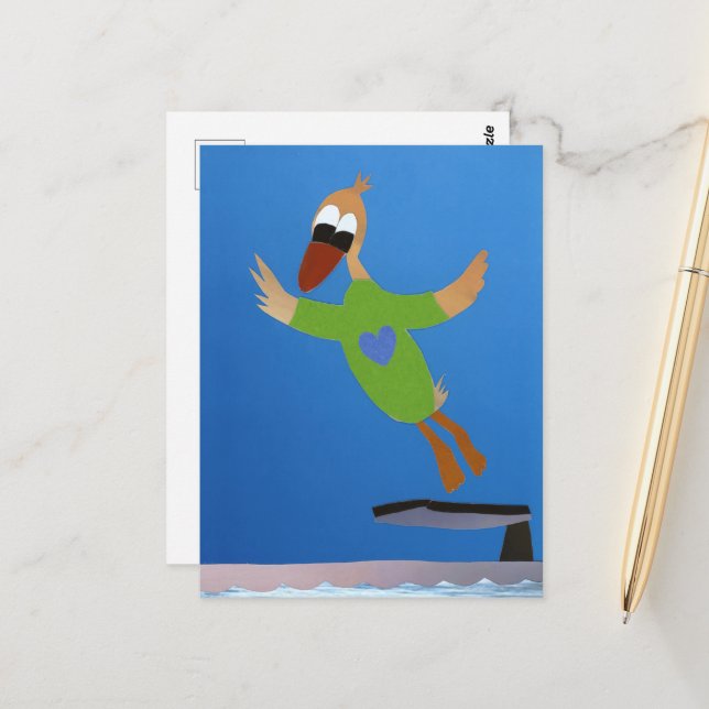 Postal Eend springt van duikplank in water zomer vakantie (Anverso/Reverso In Situ)