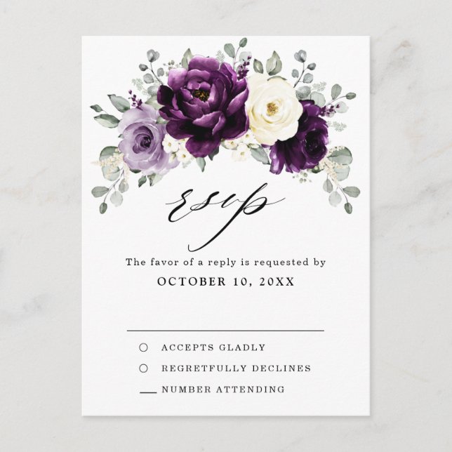 Postal Eggplant Purple Plum Marfil Floral Blanca RSVP (Anverso)