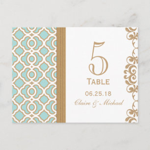 Postal Eggshell Blue Gold Número de tabla marroquí Boda