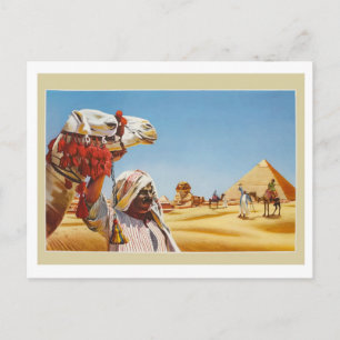 Postal Egipto, beduino con su camello frente a las pirámi