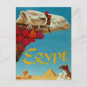 Postal Egipto, camello en desierto con pirámides y esfing
