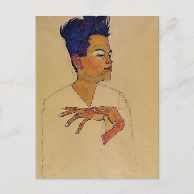 Postal Egon Schiele - autoretrato con manos en el pecho (Anverso)