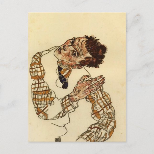 Postal Egon Schiele - autorretrato con camiseta a cuadros (Anverso)
