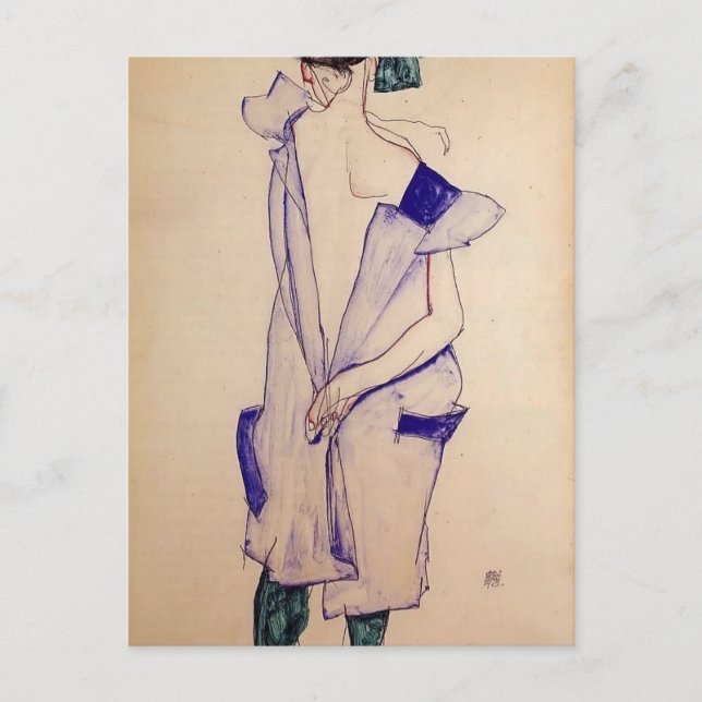 Postal Egon Schiele - Chica permanente en azul y verde (Anverso)