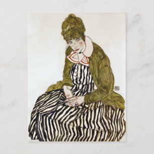 Postal Egon Schiele Edith con vestido a rayas, sentada