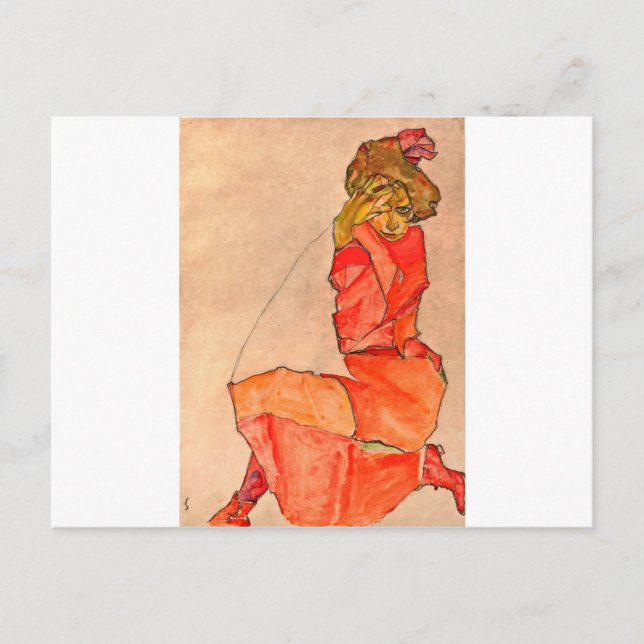 Postal Egon Schiele - Mujer arrodillada Con Vestido Rojo  (Anverso)