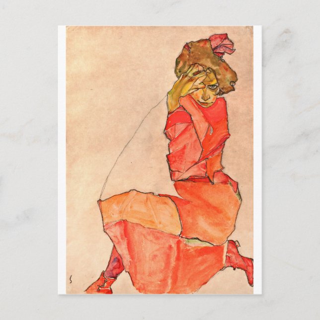 Postal Egon Schiele - Mujer arrodillada Con Vestido Rojo  (Anverso)