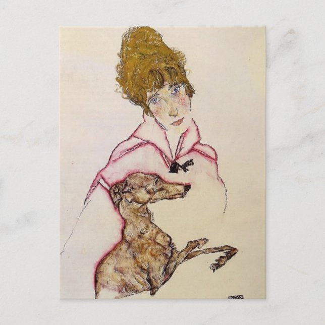 Postal Egon Schiele- Mujer con Greyhound (Edith Schiele) (Anverso)