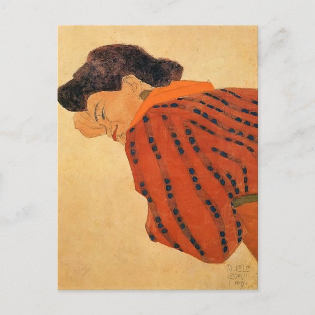 Postal Egon Schiele - Mujer reclinada con blusa roja (Anverso)