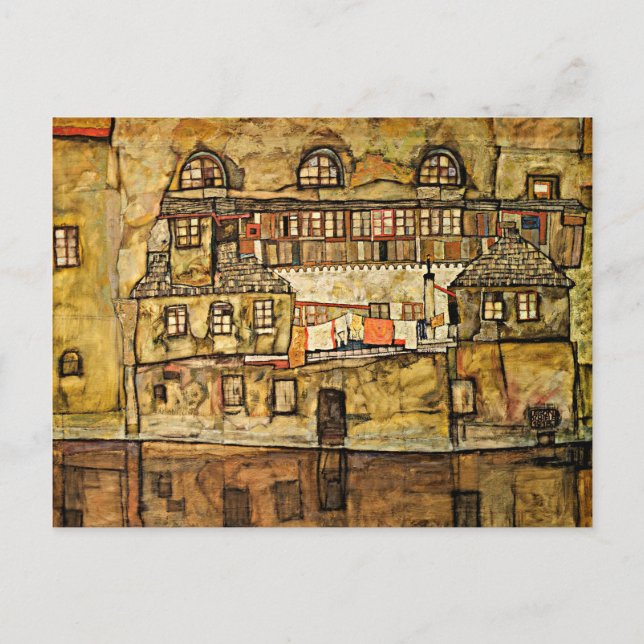 Postal Egon Schiele - Muro de la casa en el río (Anverso)