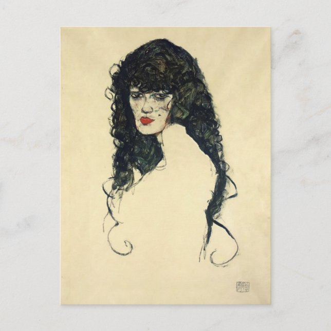 Postal Egon Schiele - Retrato de una mujer con pelo negro (Anverso)