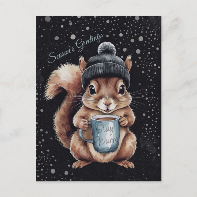Postal Eichhörnchen mit Tasse und Schnee „Stay Warm“  (Anverso)