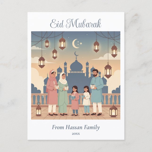 Postal Eid Mubarak Family Celebration Pastel Mosque Card (Anverso)