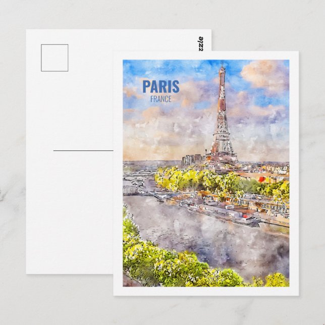 Postal Eiffel París Francia Famoso de la acuarela de viaj (Anverso / Reverso)