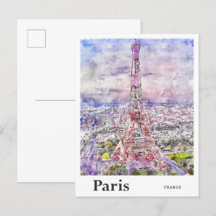 Postal Eiffel París Francia Traje la mano de la acuarela