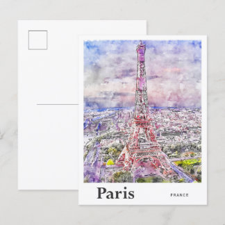 Postal Eiffel París Francia Traje la mano de la acuarela