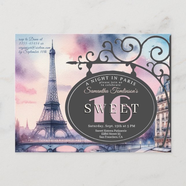 Postal Eiffel Tower Sweet 16 Birthday Invitation Postcard (Anverso)