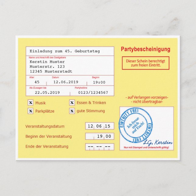 Postal Einladungskarte als Attest/Krankenschein, gelb (Anverso)