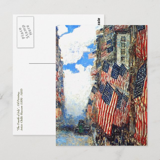 Postal "El 4 de julio" de Childe Hassam (Anverso / Reverso)