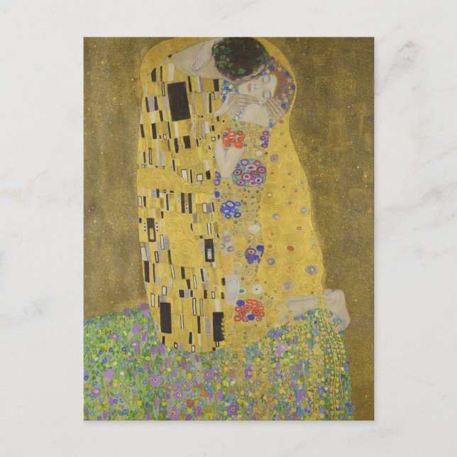 Postal El Abrazo de los Amantes Besándose de Gustav Klimt (Anverso)