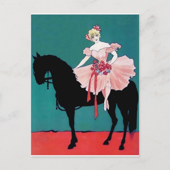 Postal El actor de circo de época con un caballo negro (Anverso)