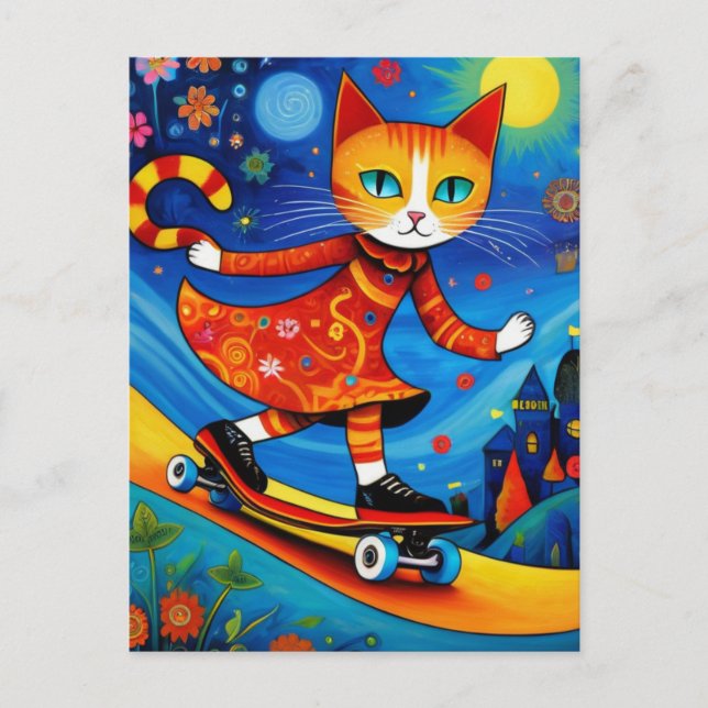 Postal El Adorable Naranja Kitty con un Vestido Skateboar (Anverso)