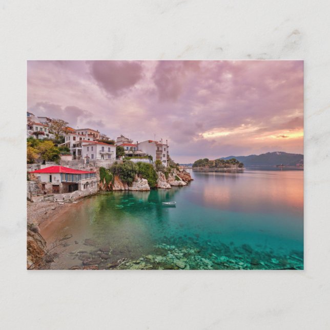 Postal El amanecer en el antiguo puerto de Skiathos, Grec (Anverso)