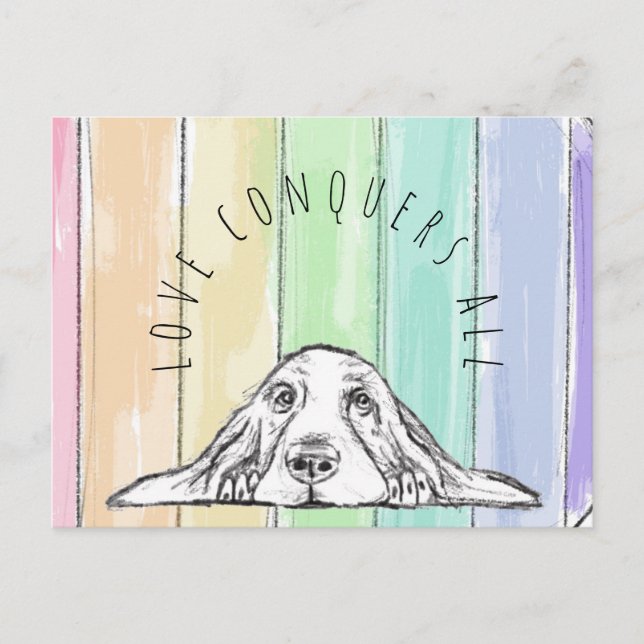 Postal el amor conquista a todo el perro rainbow basset (Anverso)