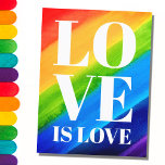 Postal El amor es amor orgullo arcoiris<br><div class="desc">Esta postal del Orgullo Gay está decorada con LOVE IS LOVE en letras blancas en negrita sobre un fondo de arcoiris color agua de rojo,  naranja,  amarillo,  verde,  azul y morado. Acuarela original © Michele Davies.</div>