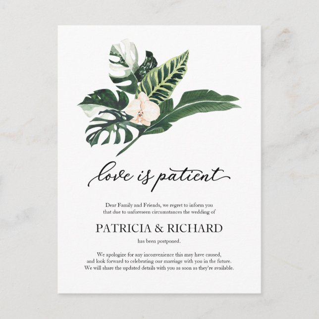 Postal El amor es paciente aplazamiento de boda tropical (Anverso)