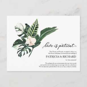Postal El amor es paciente aplazamiento de boda tropical