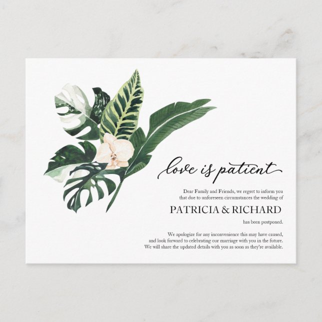 Postal El amor es paciente aplazamiento de boda tropical (Anverso)