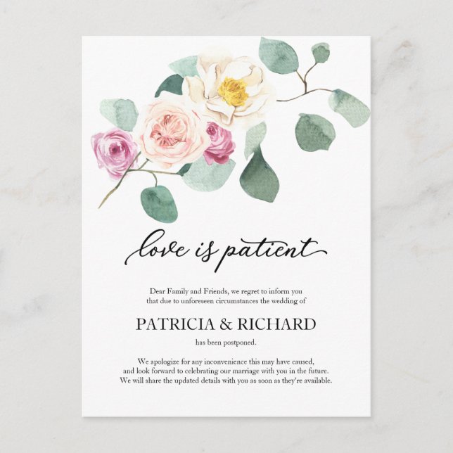 Postal El amor es paciente. Aplazamiento de la boda de eu (Anverso)